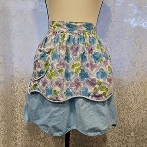 Vintage Apron Reversable Handmade Pleated Pockets Blue Purple Green White